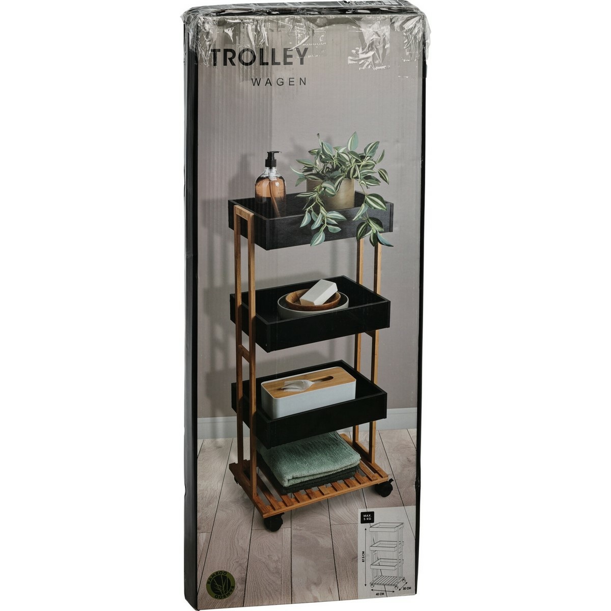 Úložný regál na kolečkách Bamboo, černá, 40 x 87,5 x 30 cm - thumb (1)