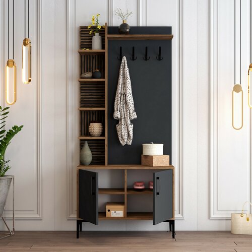 Wieszak z szafką na buty i półkami Viyana Walnut and Anthracite