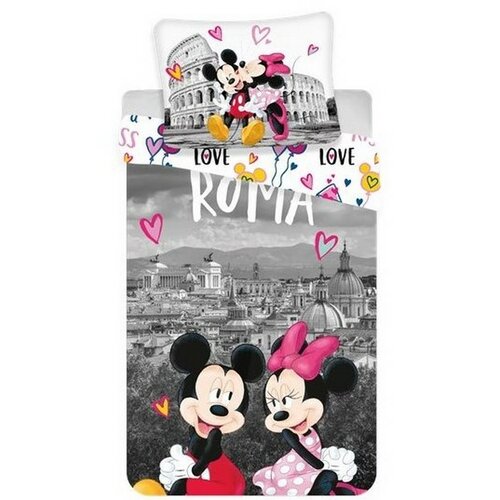Lenjerie bumbac Jerry Fabrics Mickey and Minnie in Rome, 140 x 200 cm, 70 x 90 cm e4home.ro