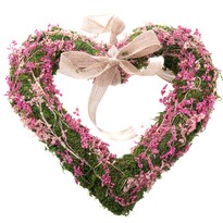Підвісне серце з моху з сухими квітами, рожеве, 25 x 3,5 см