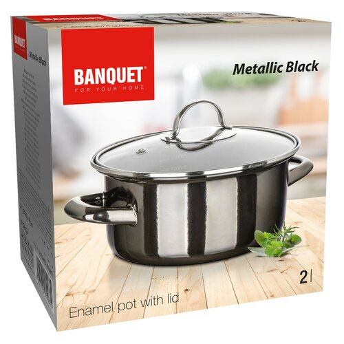 Banquet Hrniec smaltovaný METALLIC Black 20 cm, 2 l, s pokrievkou