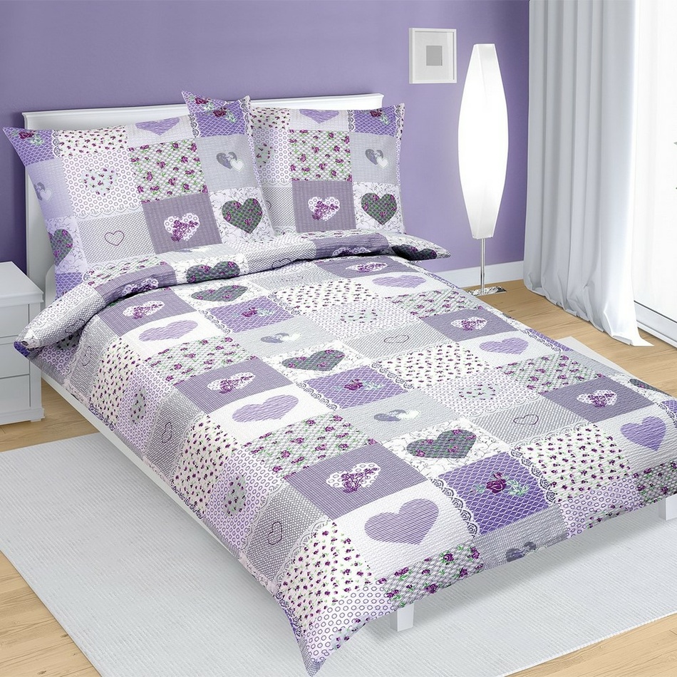 Lenjerie de pat din crep Inima, violet, 140 x 200 cm, 70 x 90 cm
