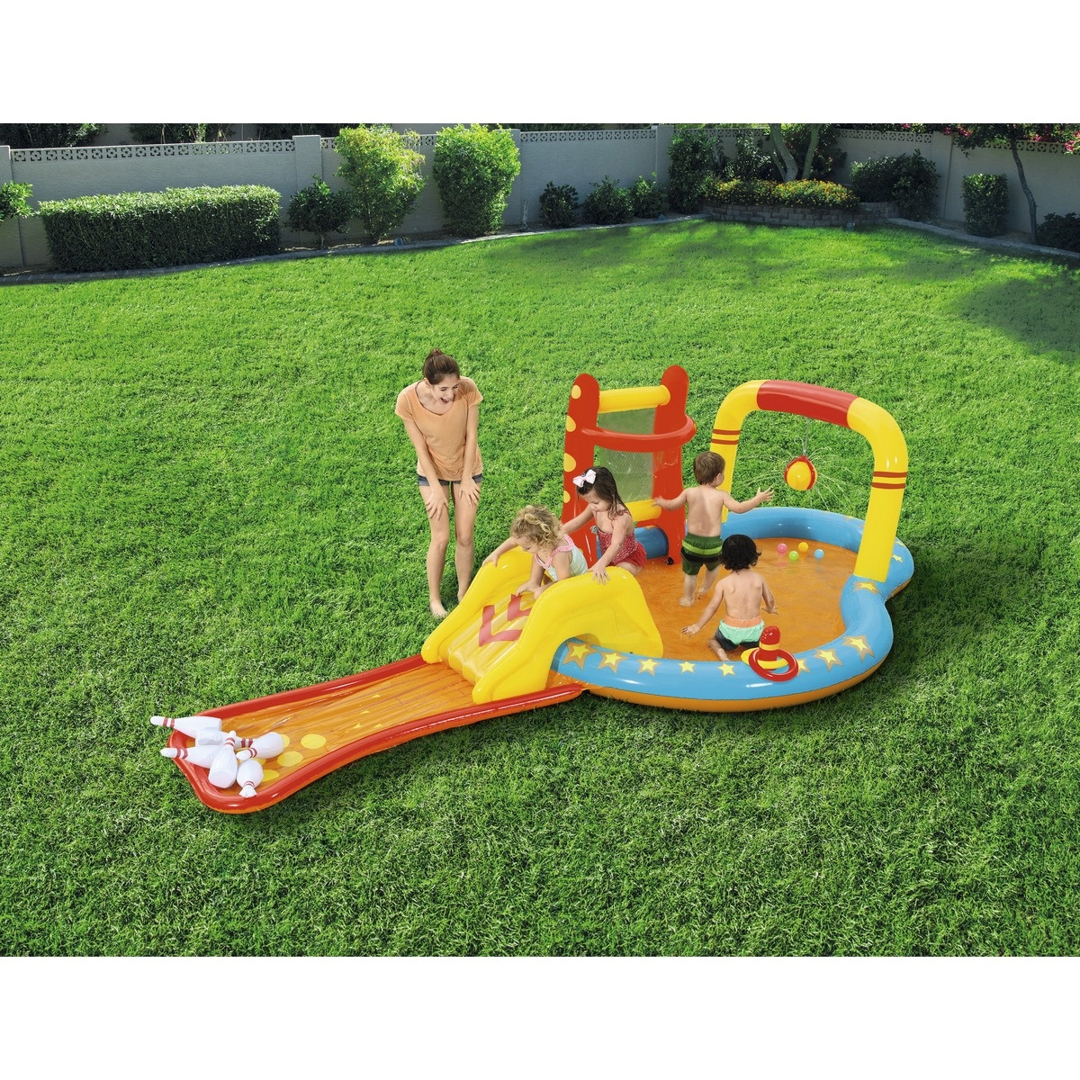 Piscină gonflabilă Bestway, cu tobogan și popice, 453 x 213 x 117 cm