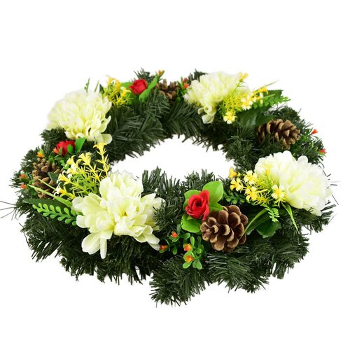 Halottak napi koszorú Krémszínű krizantémok, 35 cm