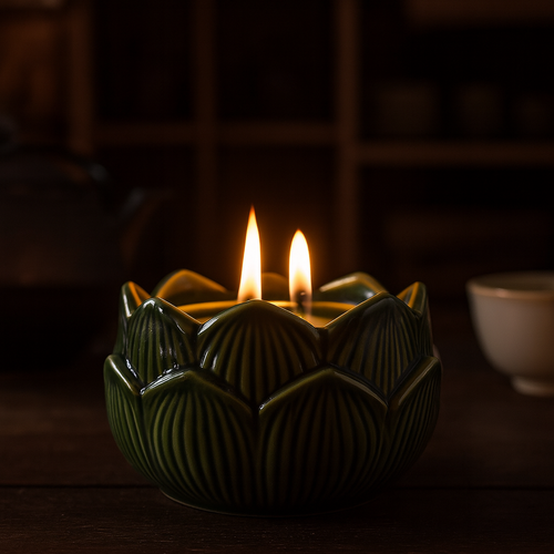 Svíčka v porcelánovém květinovém kalíšku 12 x 7,8 cm, zelená