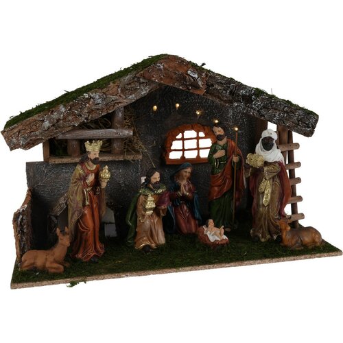 Scenă de Crăciun din lemn cu lumini LED , 50 x 22x 30 cm