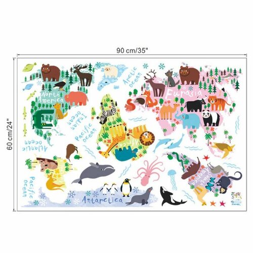 Samolepiaca dekorácia Detská mapa sveta zvieratká, 90 x 70 cm