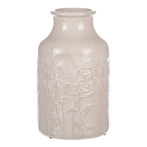 Waza ceramiczna z motywem kwiatów polnych, beżowa,średnica 19 cm x 31 cm