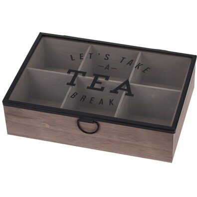 Cutie plicuri ceai, capac de sticlă, 6 compartimente, MDF