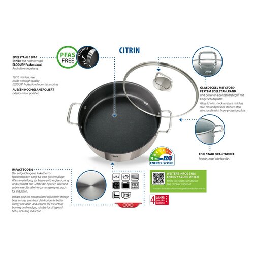 Elo 72438 Rozsdamentes acél lábas üvegfedővelCitrin 28 cm-es edény