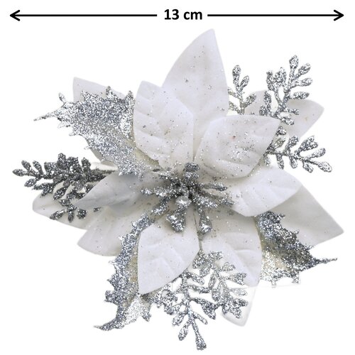 Świąteczna dekoracja Poinsettia z srebrnym klipsem, zestaw 6 szt.