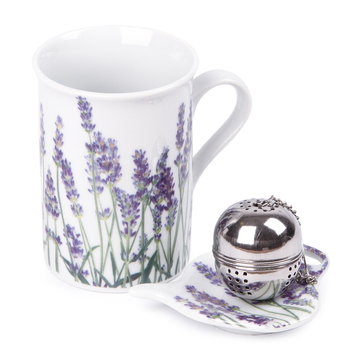 Sada hrnčeka 380 ml, čajítka a tanierika s dekorom Levandule