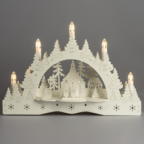 Božični LED svečnik Zimska pokrajina, kolednikipred cerkvijo