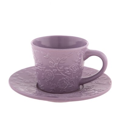 Ceașcă ceramică cu farfurioară, floare violet, 180 ml