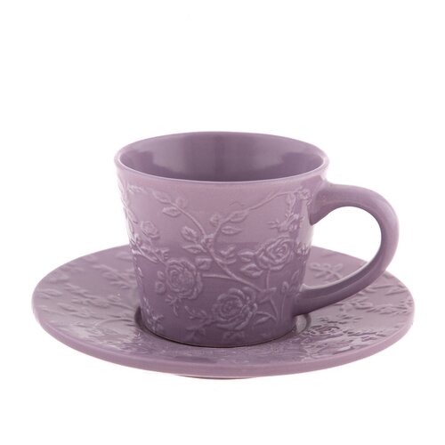 Filiżanka ceramiczna z talerzykiem fioletowy kwiat 180 ml