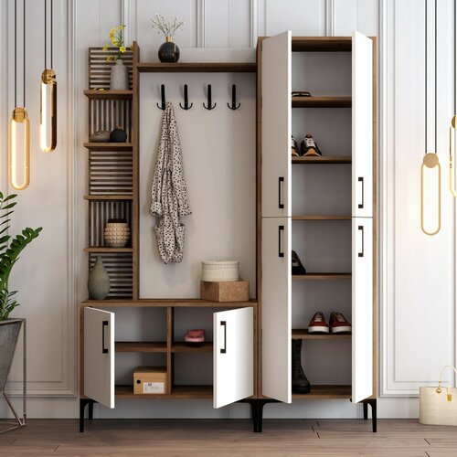 Cuier cu dulap pentru pantofi, rafturi și dulapViyana Walnut and White