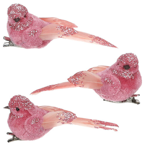 Decorațiune păsări cu clemă, roz, 10 x 4 x 4 cm, set 3 bc.