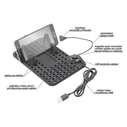 Suport pentru telefon Compass cu tampon și cablumicro USB, negru