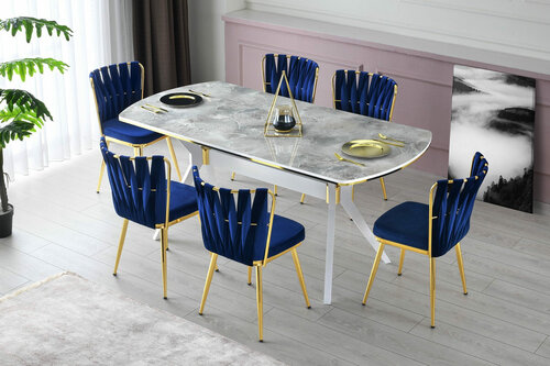 Esszimmerstuhl-Set Kusakli Navy Blue and Gold, 4 Stück