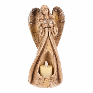 Decorație comemorativă Înger cu inimă 25 cm,lumânare LED, poliresină