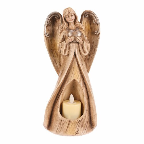 Angyal szívvel kegyeleti díszek 25 cm, LED gyertya, polirezín