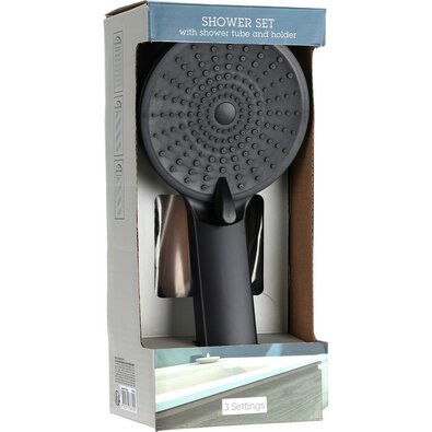 Tuš komplet Elegant črna, prha pr. 11 cm, 3 funkcije, cev in držalo, ABS