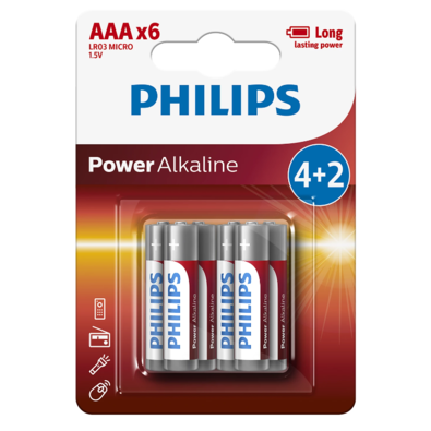 Philips AAA 1,5 V Power Alkaline elemek, 4 + 2 db