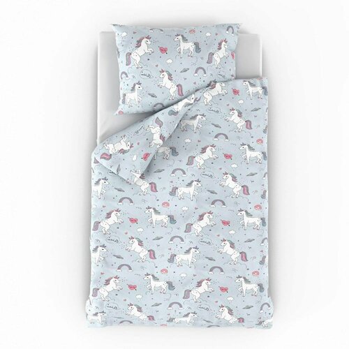 Lenjerie de pat, din bumbac, pentru copii Unicorn, gri, 90 x 135 cm, 45 x 60 cm