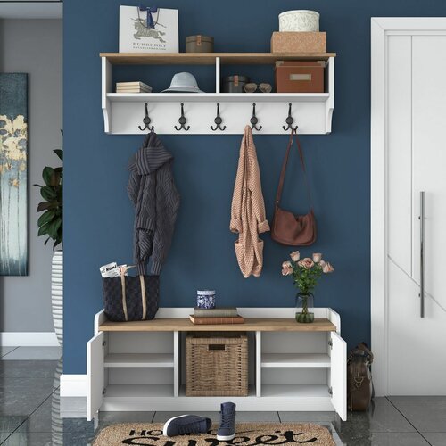 Cuier de perete cu dulap de pantofi Polo White and Walnut