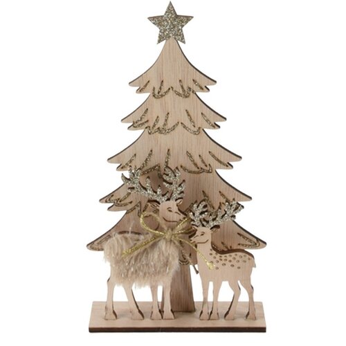 Різдвяна дерев’яна декорація Олені та ялинка коричневий, 12,5 x 3,5 x 23 см