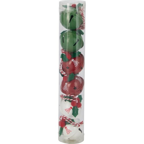 6 darab karácsonyi csengő szett, átmérő 4 cm,piros-zöld-fehér, fém