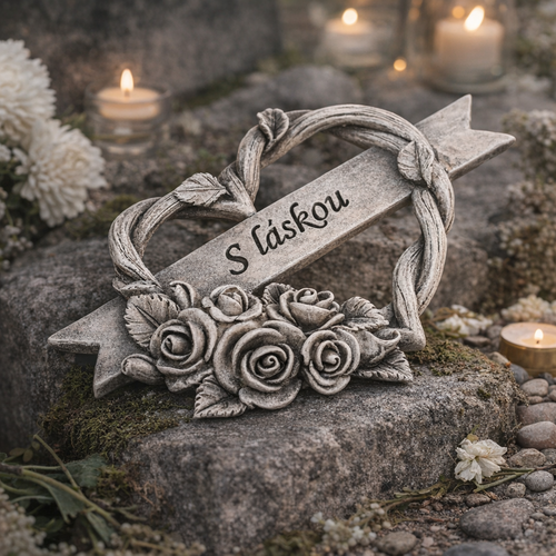 Pietní dekorace Srdce s růžemi a stuhou, polyresin, 12 x 10 x 2 cm