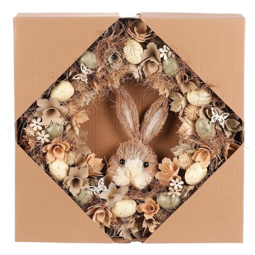 Húsvéti koszorú Barna nyuszi virágokkal éstojásokkal, átmérő 45 cm, 45 x 45 x 9 cm