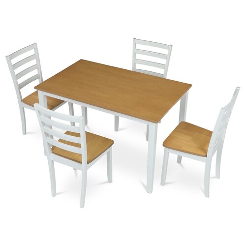 Set de masă din lemn masiv, 5 piese, stejar, alb