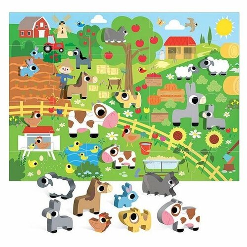 Headu Puzzle Farma z 8 drewnianymi figurkami wkładanymi (Montessori)