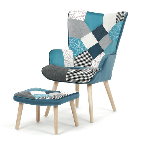 Relaxační křeslo s podnožkou PATCHWORK, modrá