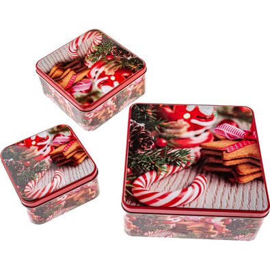 Set mit 3 eckigen Blechdosen Weihnachtsgebäck