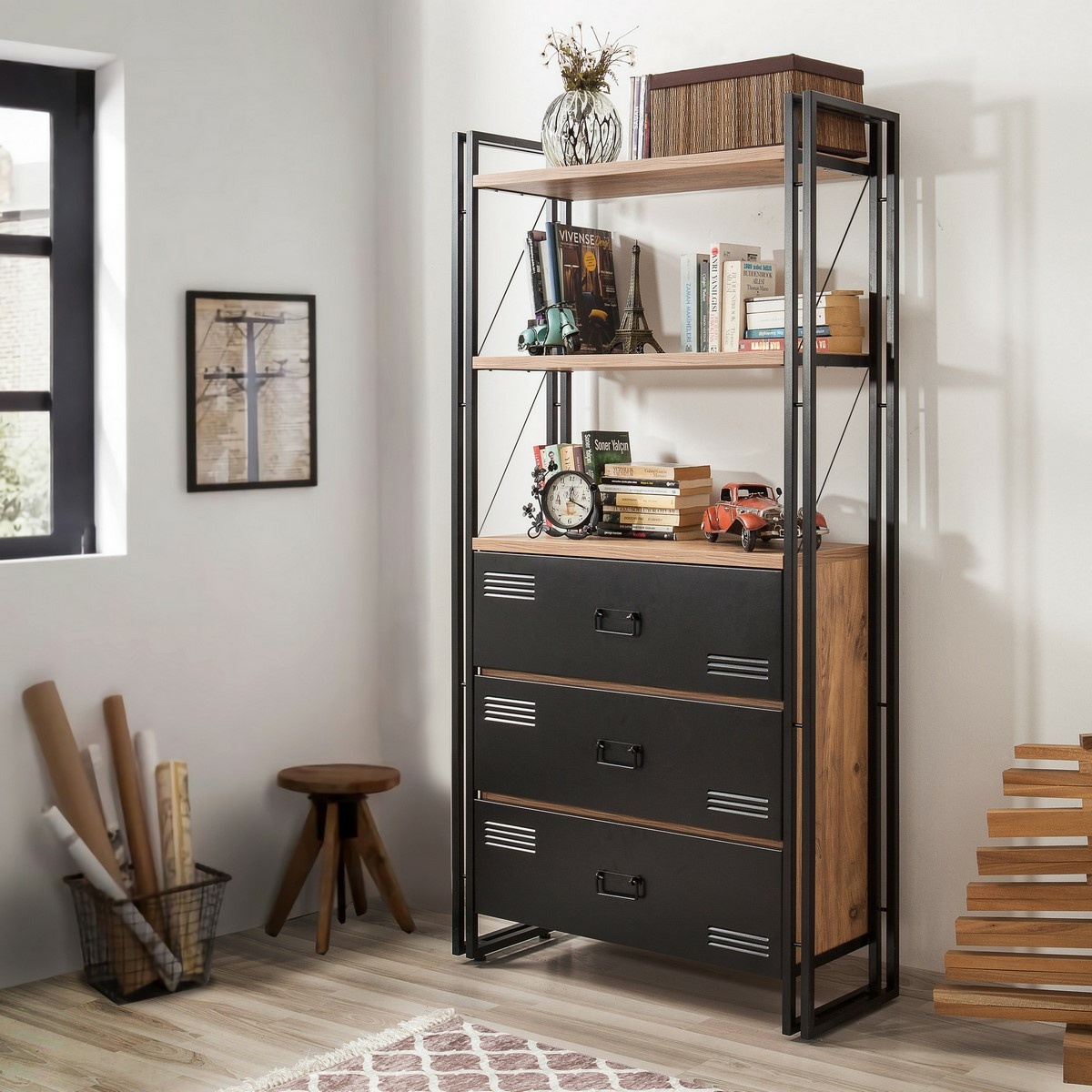 Regál Cosmo Cortex Black and Atlantic Pine
