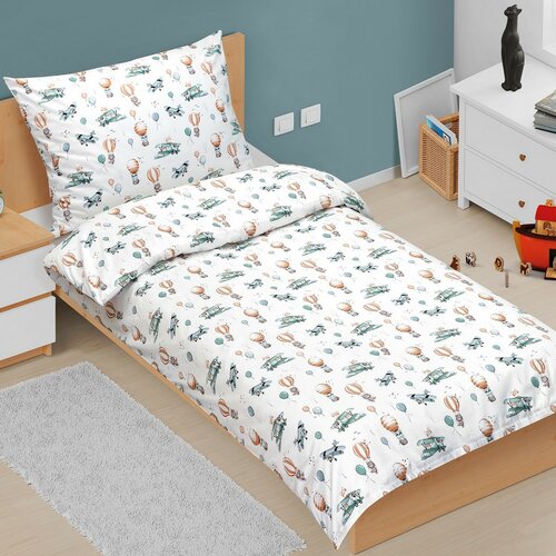 Bellatex Baumwollbettwäsche Junior Flugzeug  und Ballon, 140 x 200 cm, 70 x 90 cm