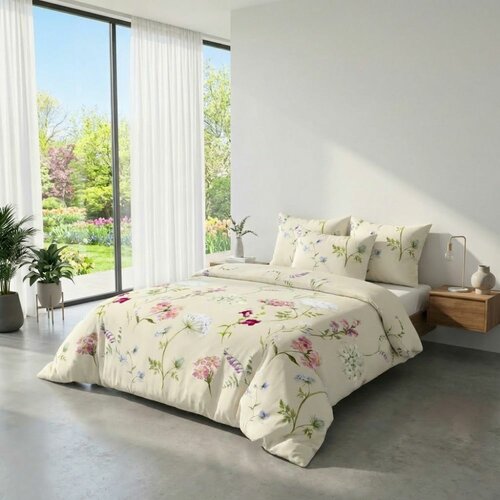 Lenjerie de pat Kvalitex Delux Botanica din bumbac bej, 140 x 200 cm, 70 x 90 cm