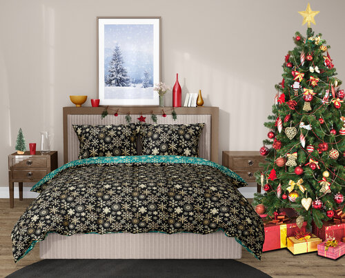 Bedtex Vianočné bavlnené obliečky Zlaté vločky, 140 x 200 cm, 70 x 90 cm