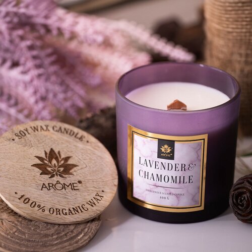 Świeca zapachowa z drewnianym knotem Lavender and chamomille, 400 g