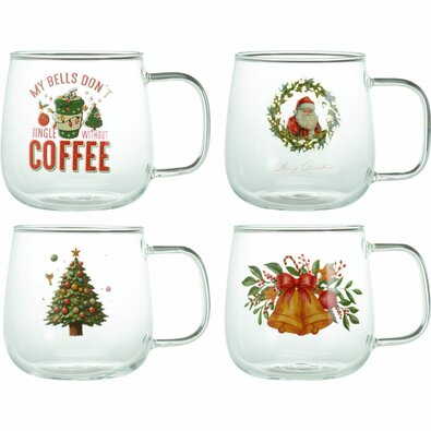 Set de 4 căni de sticlă cu imprimeu de Crăciun, 400 ml, MIX