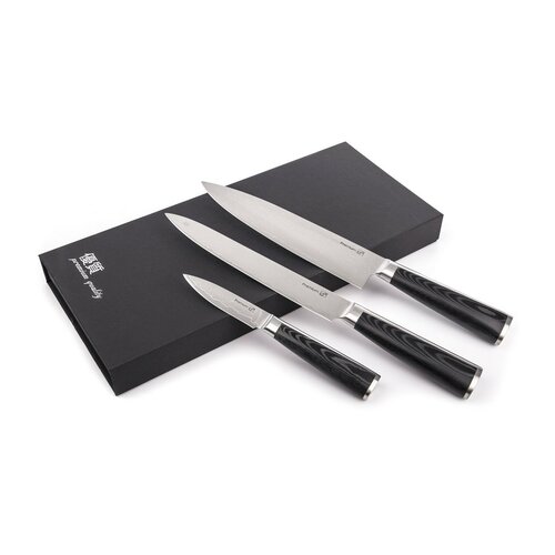 Set de cuțite G21 Damascus Premium în bloc debambus, 3 bucăți + piatră de ascuțit