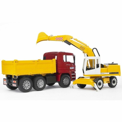 Camion Bruder MAN TGA cu excavator Liebherr, 1:16,73 x 18,5 x 23 cm