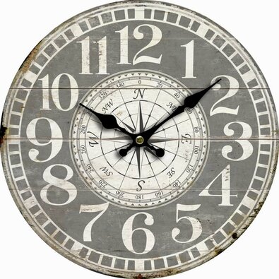 Drewniany zegar ścienny Vintage compass, śr. 34 cm