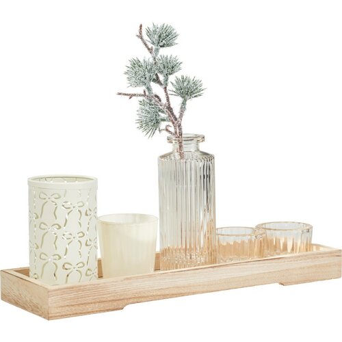 Gyertyatartó szett fa tálcán Winter Time, 6 db,10,5 x 32,5 cm