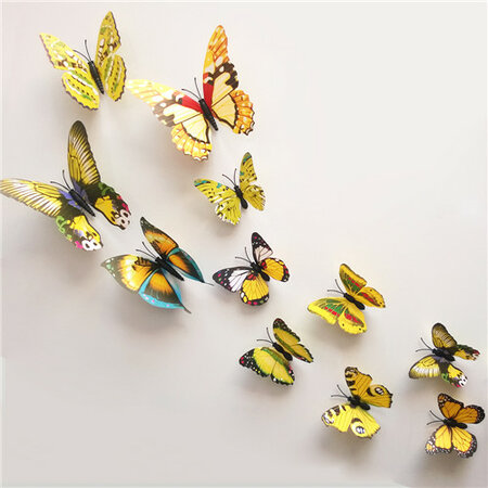 Öntapadós falmatrica 3D-s pillangókkal, mágneses, 12 db sárga