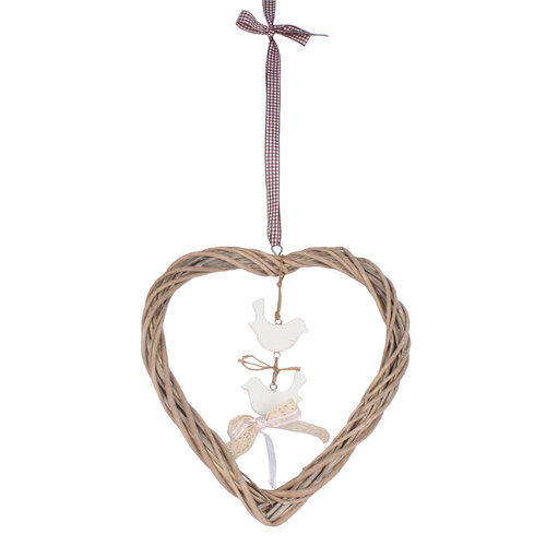 Rattan szív madarakkal függeszthető dekor elem, barna