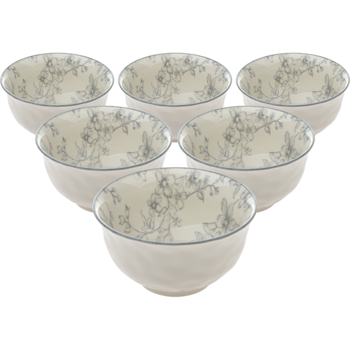 Set de 6 boluri din ceramică Flori delicate 11.5 cm, gri